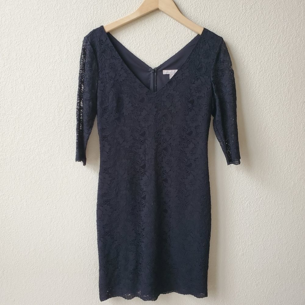 Black lacy v neck half sheer sleeve dress 4